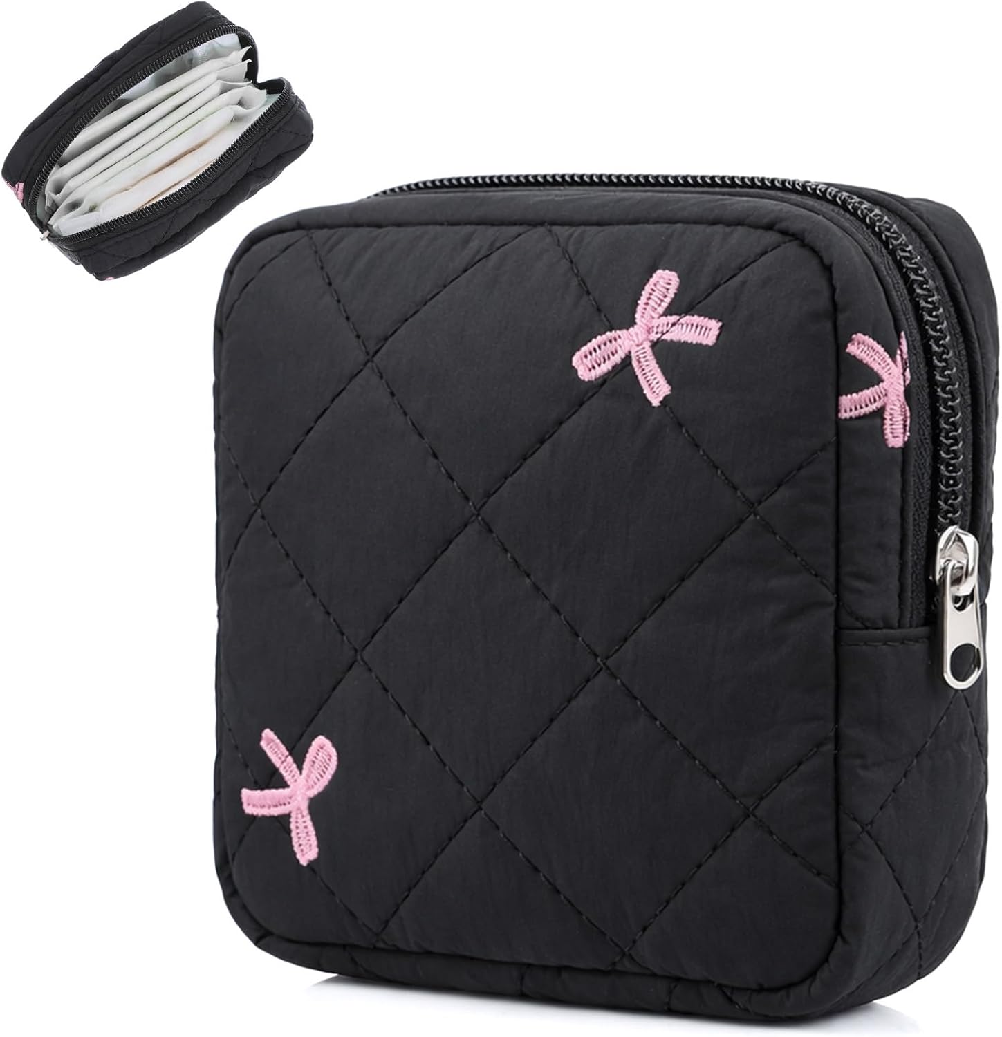 Period Bag for Teens Women, Sanitary Napkin Storage Bag & Tampon Holder, Bow Tie Compact Pad Pouch for Purse (Black)