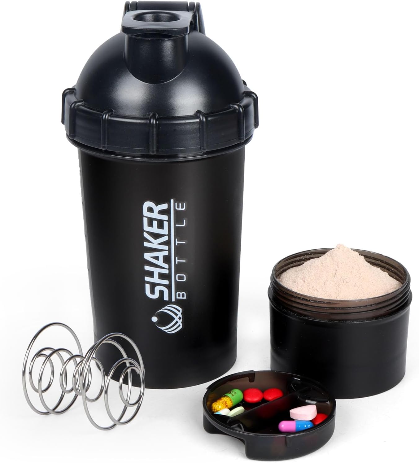 Shaker Bottle 18OZ Protein Shaker Bottles with Powder Storage & Pill Case 500ML GYM Shaker Cup for Protein Mixes with Blending Ball Leak Proof Mixer Bottle for Pre Workout,BPA Free(black)