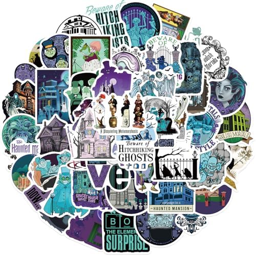 50pcs Haunted Mansion Stickers for Boys Teens Adults Waterproof Vinyl Stickers Bulk for Skateboard Luggage Laptops Bumper Theme Party Supplies (Purple)