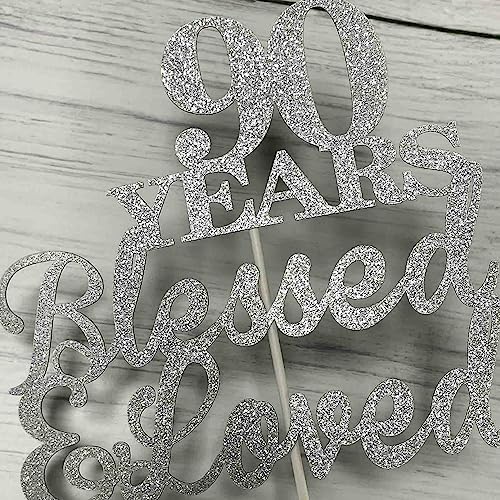 JIEEIN 90 Years Blessed & Loved Cake Topper for 90th Birthday, Wedding Anniversary Party Decorations - Double Sided Silver Glitter