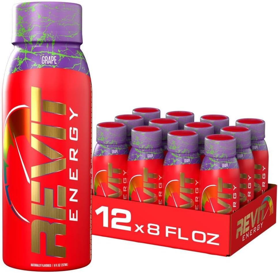Steel Revit Energy Drink Grape 8oz (12-Pack) | 300mg Caffeine, 7 Essential Vitamins | Sugar-Free, Resealable Cap, All-Day Energy (1.2 PK, Grape)