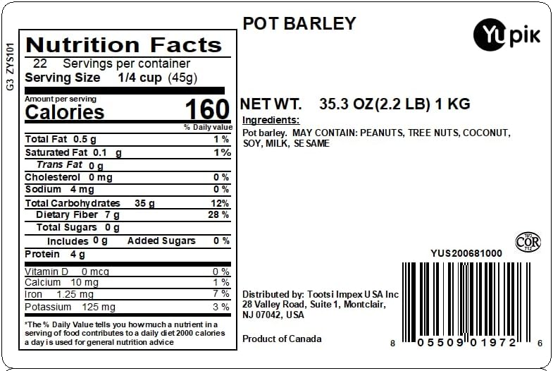 Yupik Pot Barley, 2.2 lb (35.2 oz), Non-GMO, Kosher, Vegan, Raw, Whole Grains, Sugar-Free, Salt-Free, Excellent Source of Fiber, Ideal for Cooking & Baking
