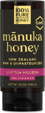 100% Pure New Zealand UMF 15+ MGO 512+ Manuka Honey Squeeze Bottle Raw & Unfiltered Certified Award Winning Silky Smooth Taste & Texture 12 Oz