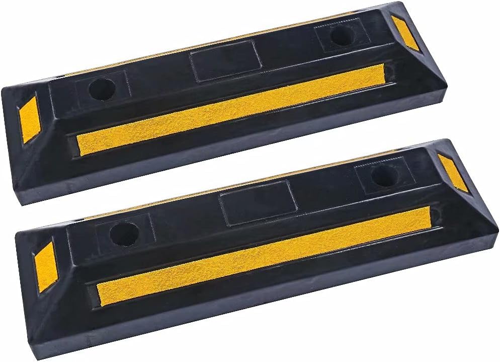 Parking Stopper for Garage Heavy Duty Rubber Parking Block Curb - Wheel Stop with Scatter Glass Reflective Yellow Targets for Car Garage Floor and Truck RV Stop Aid Indoor Outdoor, 2 Pack