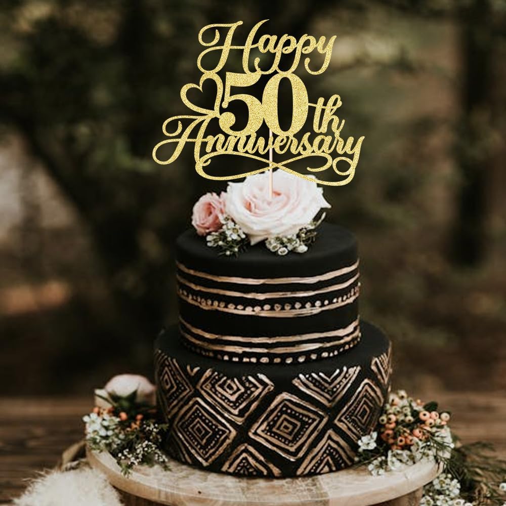 Golden Glitter Happy 50th Anniversary Cake Toppers - Wedding & Company Anniversary Party Decorations, Birthday Party Decorations (Gold)