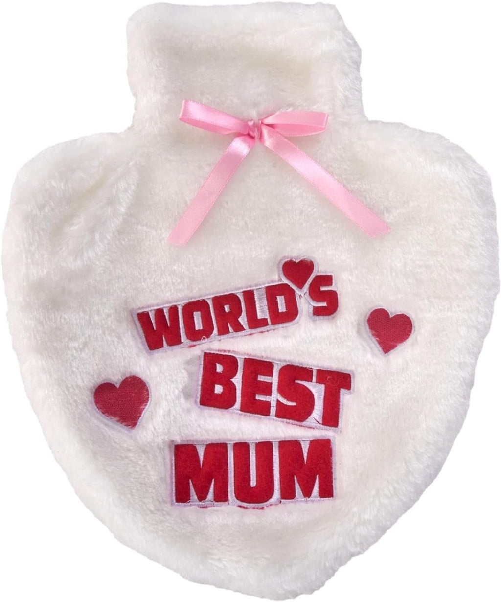 World's Best Mum Hot Water Bottle - Natural Rubber Heart Shaped HWB with Supersoft Faux Fur Cover - 1 Litre
