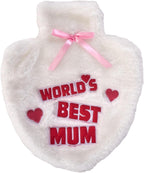 World's Best Mum Hot Water Bottle - Natural Rubber Heart Shaped HWB with Supersoft Faux Fur Cover - 1 Litre