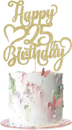 Gold Glitter Happy 25th Birthday Cake Topper - 25 Anniversary/Birthday - Hello 25, Cheers to 25 Years,25 & Fabulous Cake Topper Party Decoration