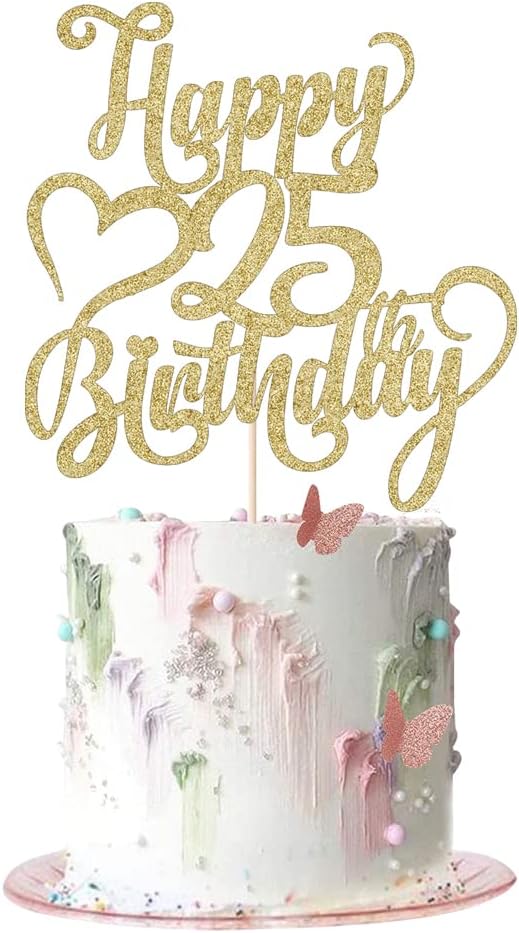 Gold Glitter Happy 25th Birthday Cake Topper - 25 Anniversary/Birthday - Hello 25, Cheers to 25 Years,25 & Fabulous Cake Topper Party Decoration