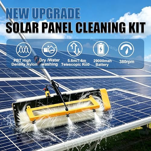 Electric Solar Solar Panel Cleaning Tool, Telescopic Rod Pv Panel Wash Cleaning Machine,with 23.6in Brush with Rear Silicone Scraper Solar Cleaner Robot,Dry/Wet Cordless-5.6m/18.4ft