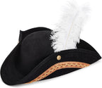 Juvale Pirate Hat Tricorn with Feather - 15 x 13 x 3.5 In, Black, Kettle Brim - Pirate Hats for Adults & Revolutionary War Reenactment