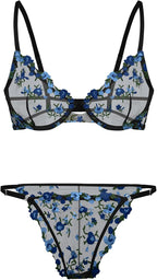 Lilosy Sexy Floral Embroidered Mesh Sheer Underwire Lingerie Set