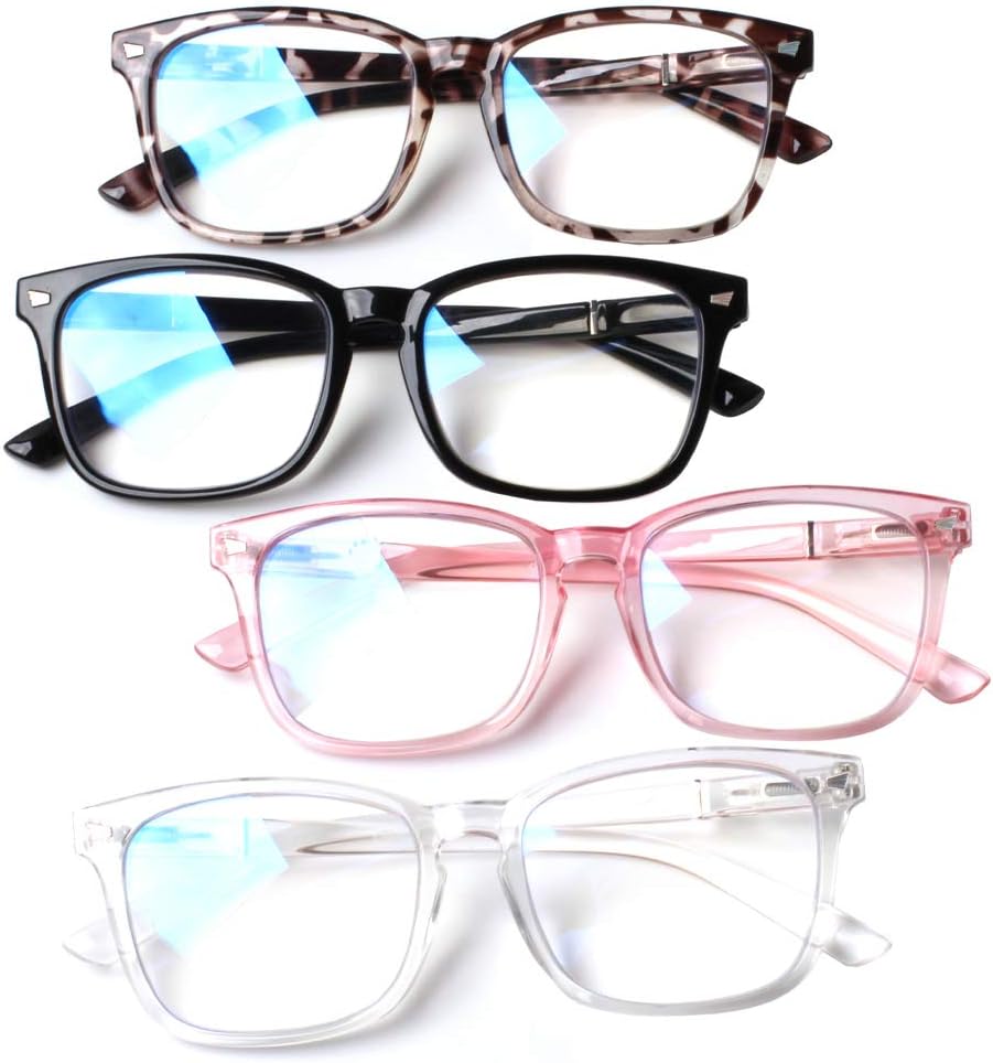 Henotin 4-Pack Blue Light Blocking Reading Glasses Women Men,Spring Hinge Computer Readers,Anti UV Ray Square Nerd Eyeglasses (Mixed Color, 1.25, Diopters)