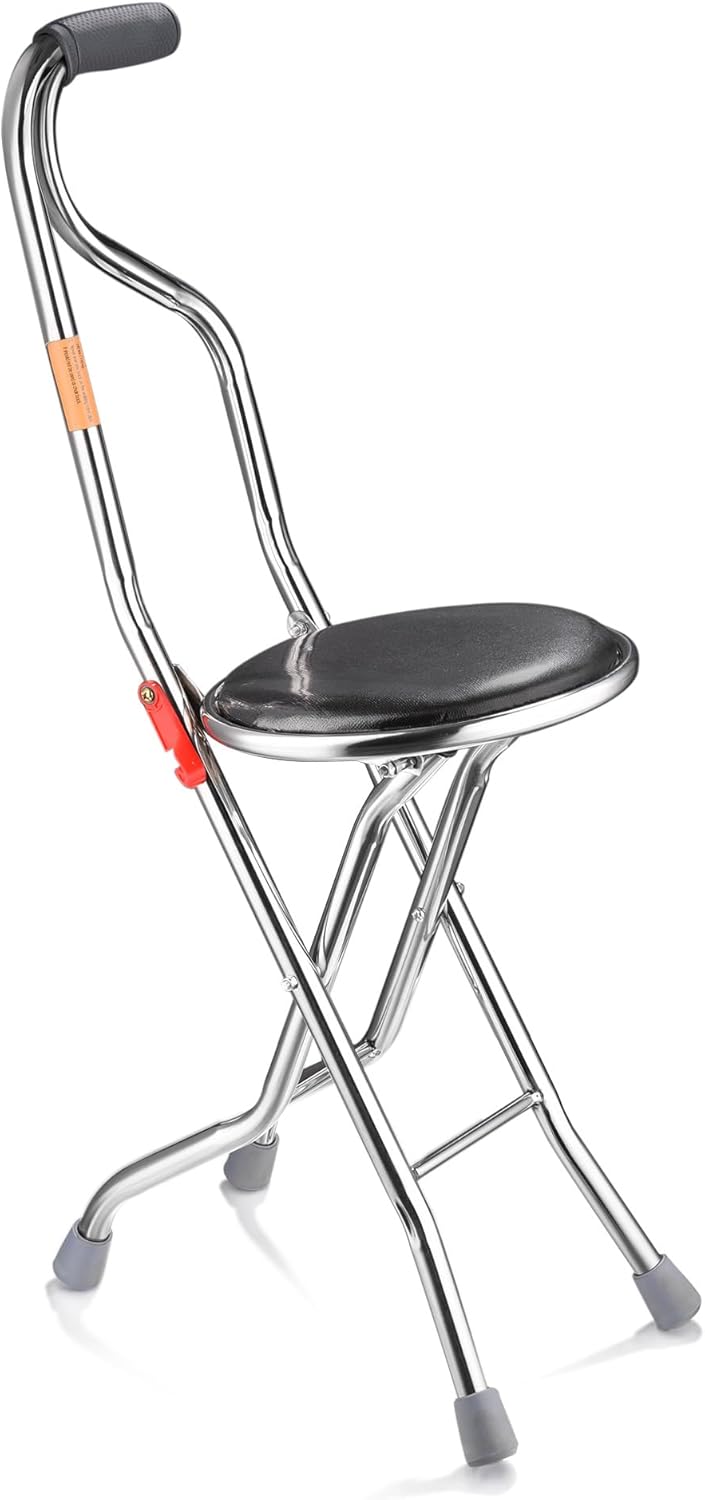 AW Lightweight Folding Walking Cane Stick with Seat Four Legged Portable Travel Hiking Chair Stool Eldely Care Aid