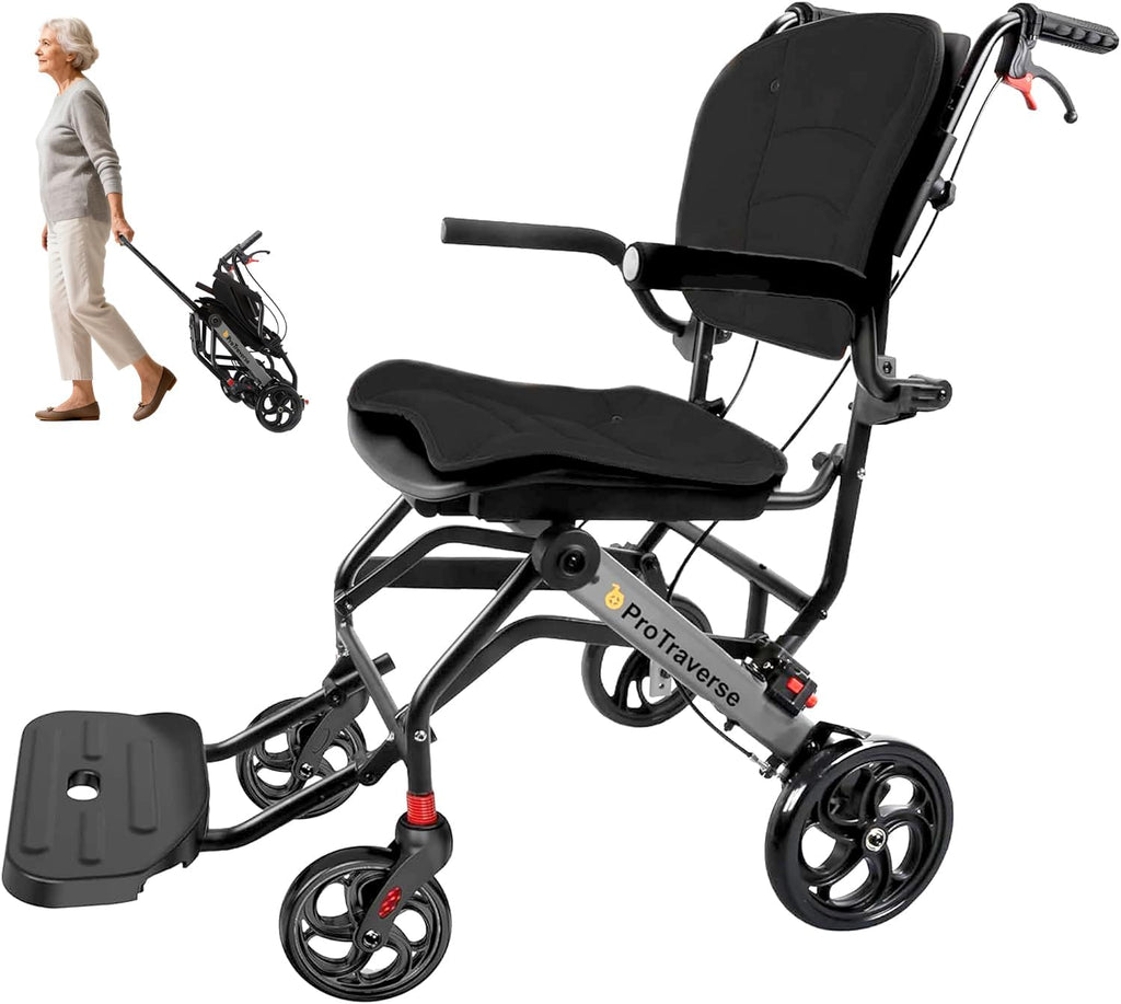 Wheelchairs for Adults,Transport Wheelchair Lightweight Foldable with Removable Cushion,Transport Chair,Ergonomic Travel Wheelchair with Telescopic Handle,Gifts for Grandpa,Black
