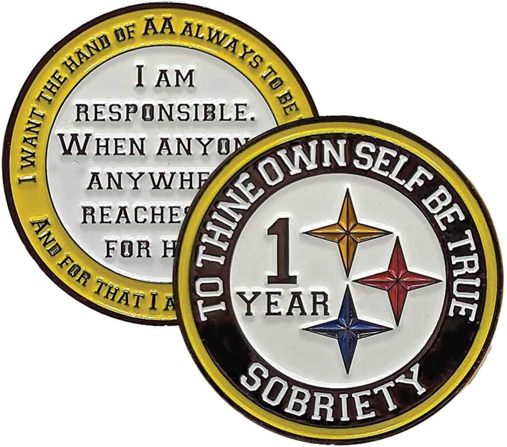 MYRECOVERYSTORE Black and Gold Recovery Medallion in Years 1-50 with Alcoholics Anonymous Responsibility Pledge