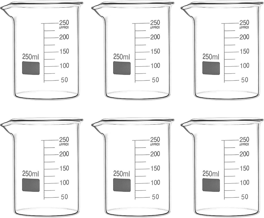QWORK 250ml Glass Beaker, 6 Pack Borosilicate Griffin Low Form Beakers with Graduation