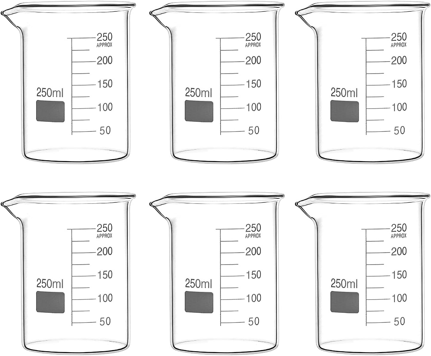 QWORK 250ml Glass Beaker, 6 Pack Borosilicate Griffin Low Form Beakers with Graduation