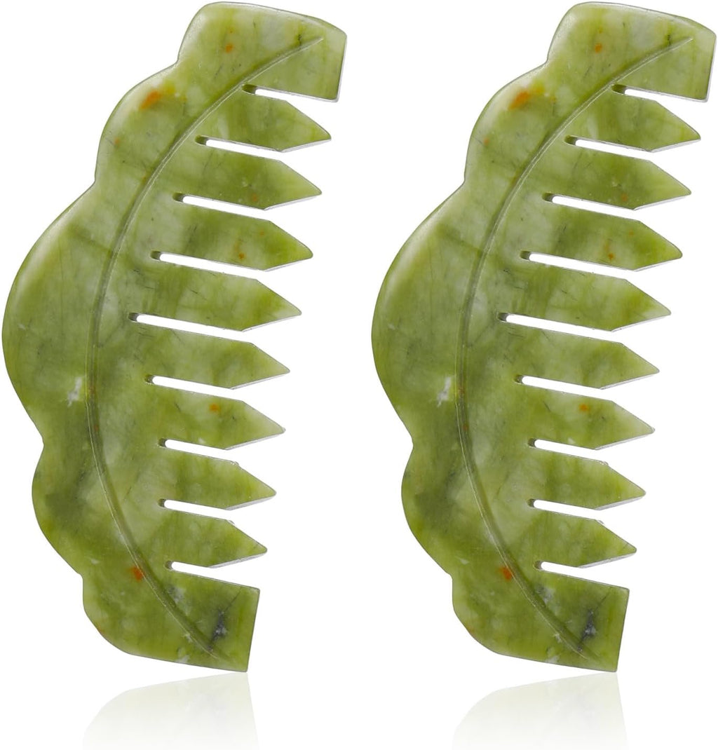 Geiserailie 2 Pcs Jade Combs Esthetician Supplies Massage Stone Hair Gua Sha Scraping Scalp Comb Facial Massage Tool Handheld Head Tools Head Caring Therapy Mother's Day for Women(Plain Style)