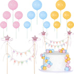 16 Pcs Happy Birthday Cake Topper Cake Bunting Topper Banner with Wood Pole Rainbow Garland with Bow Ribbon Balloon Cupcake Decor for Birthday Baby Shower (Pink,Blue,Yellow)
