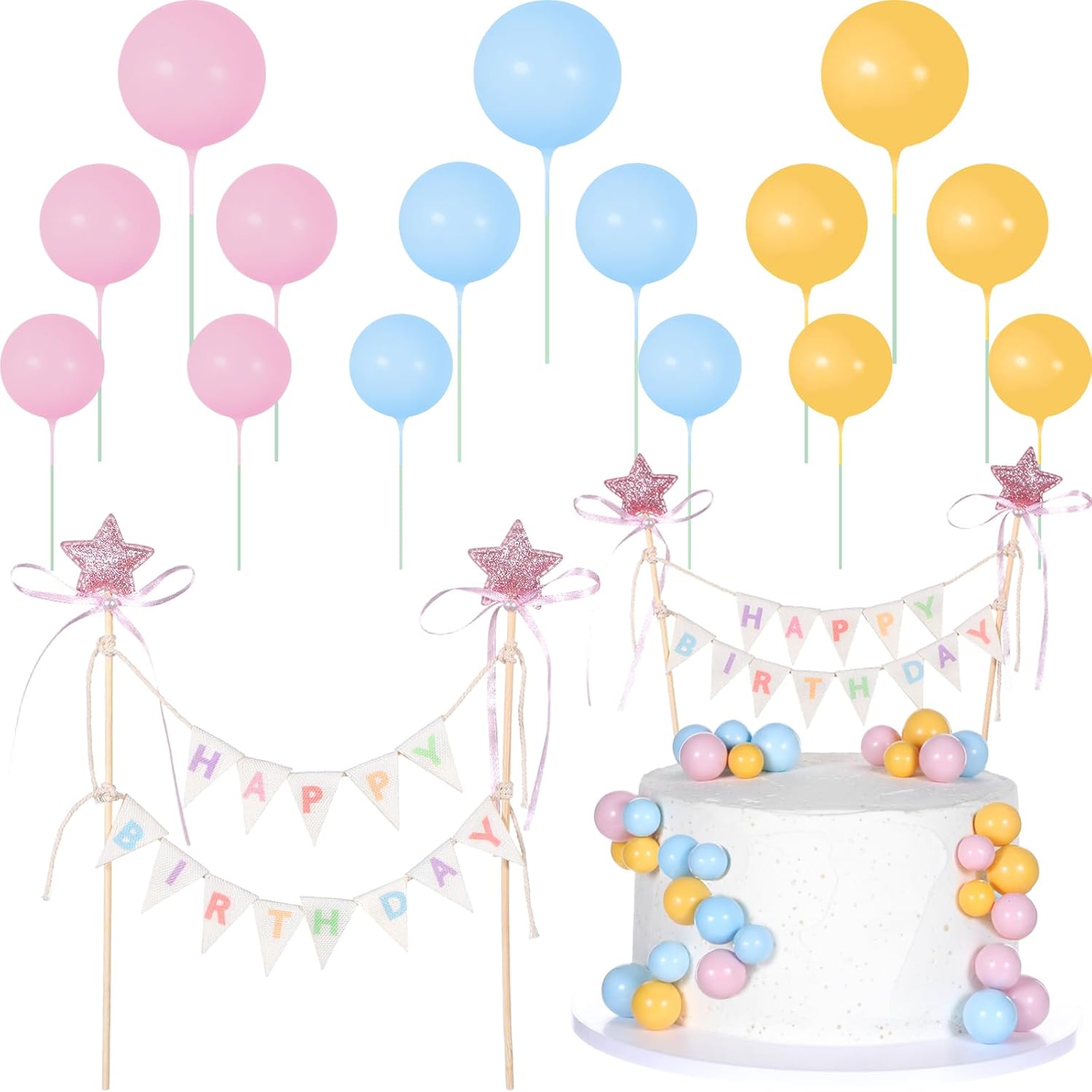 16 Pcs Happy Birthday Cake Topper Cake Bunting Topper Banner with Wood Pole Rainbow Garland with Bow Ribbon Balloon Cupcake Decor for Birthday Baby Shower (Pink,Blue,Yellow)
