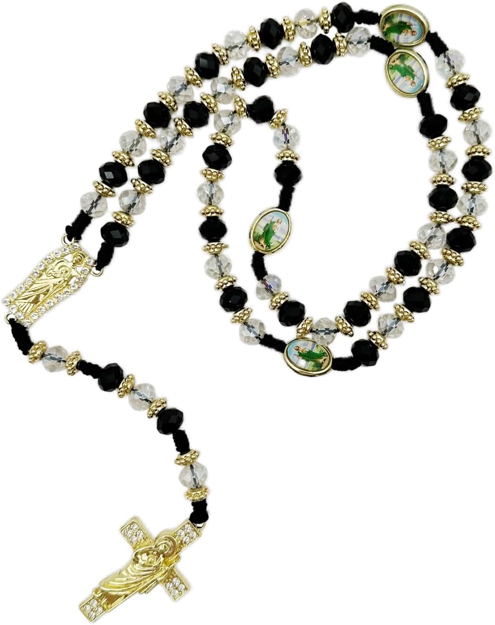 Exquisite Rosary Saint Jude Cross Pendant Mexican Necklace - Braided Cord Green Crystal beads Chain, Charm Accessories for Men and Women, Catholic St Jude Elegant Religious Jewelry Gift Idea