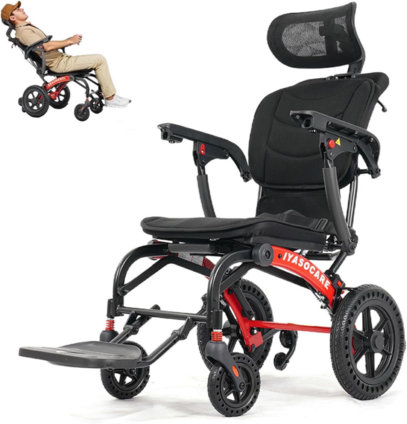Reclining Lightweight Wheelchair - 28LB Foldable Travel Wheelchair for Adults & Seniors, 330LB Capacity, 90-135° Adjustable Backrest w/Removable Headrest & Anti-Tip Wheels
