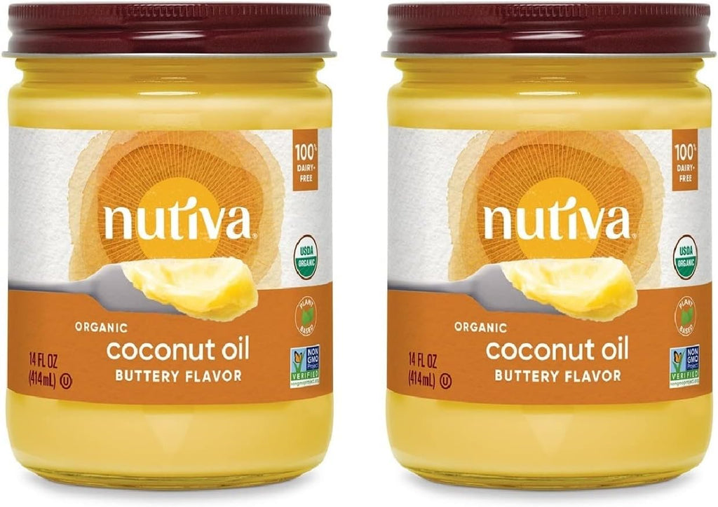 Nutiva Organic Coconut Oil with Non-Dairy Butter Flavor, 14 Ounce (Pack of 2), USDA Organic, Non-GMO, Whole 30 Approved, Vegan & Gluten-Free, Plant-Based Replacement for Butter