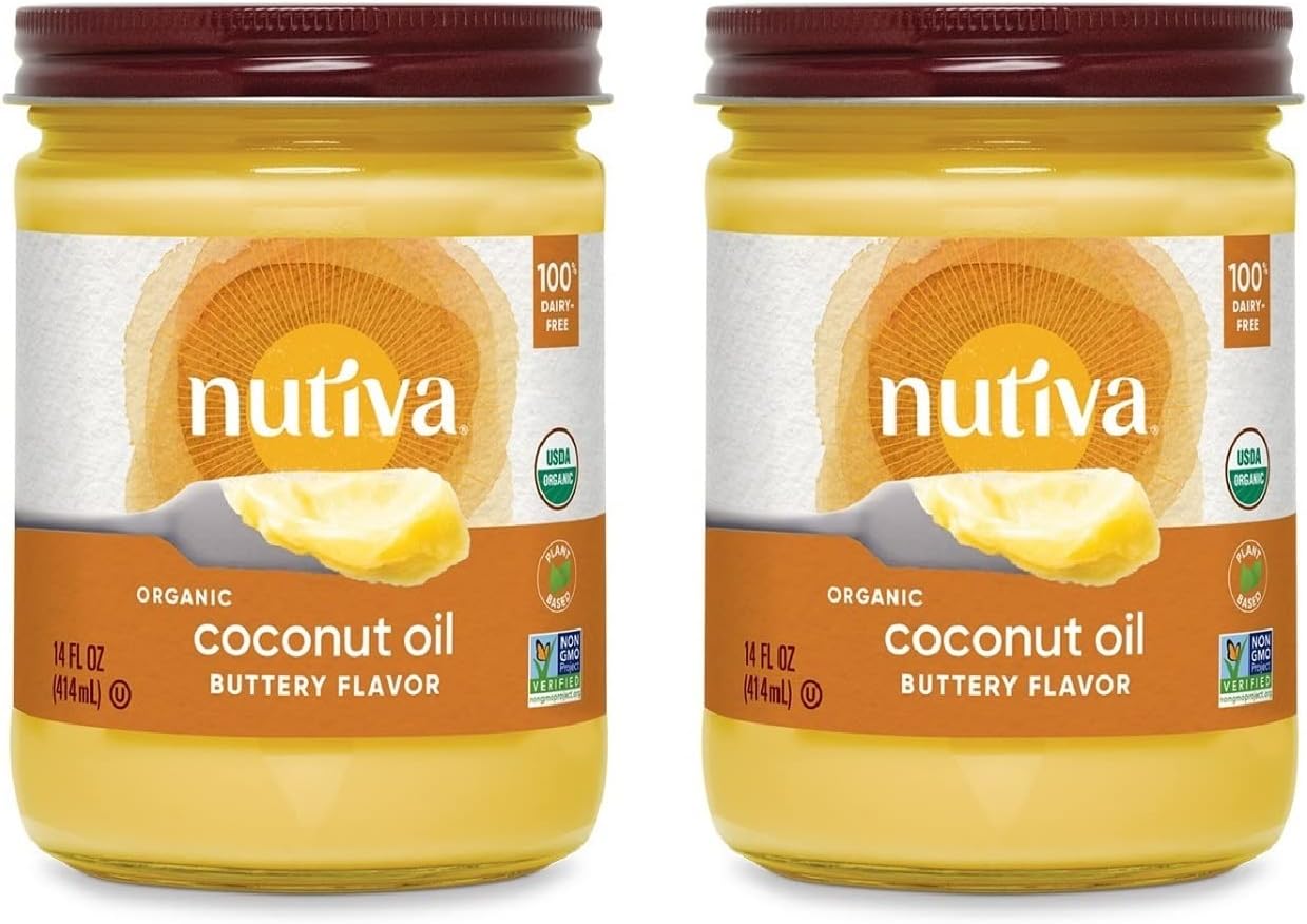 Nutiva Organic Coconut Oil with Non-Dairy Butter Flavor, 14 Ounce (Pack of 2), USDA Organic, Non-GMO, Whole 30 Approved, Vegan & Gluten-Free, Plant-Based Replacement for Butter