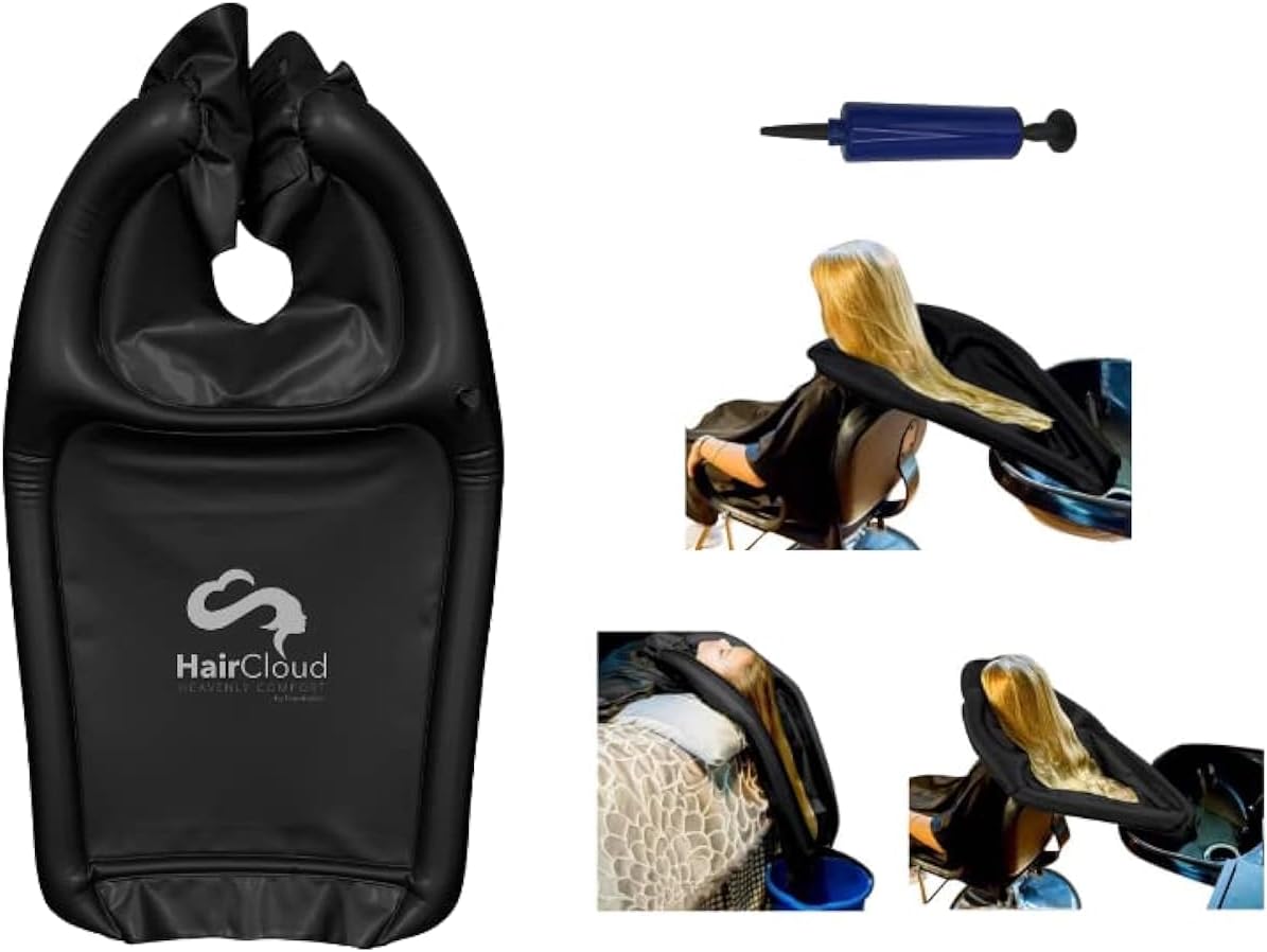 Inflatable Shampoo Funnel Cape for Washing Hair in Any Chair and Basin. Black Portable Tray Device to Use in Salon, at Home, Nursing Home or Hospital to Help Keep Clothes Dry! Pump Included!