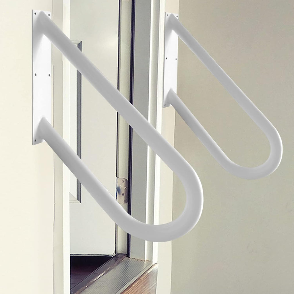 2 Pack Handrail for 1-2 Step Stairs, Wall Mount handrails for Outdoor Steps, Garage Railing with White Powder Coat Finished, Suitable for Garage, Porch and Garden（18.9" Length, φ1.3"Pipe, White）