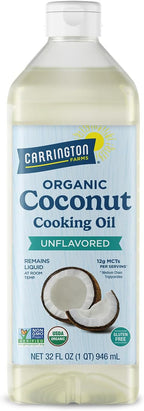 Carrington Farms Organic Liquid Coconut Cooking Oil, 32 Fl Oz –Unflavored, Unscented, High Smoke Point, MCT-Rich, No Trans Fat – For Cooking, Sautéing, Frying & Baking – Gluten Free, Non-GMO, Hexane Free, BPA Free Bottle