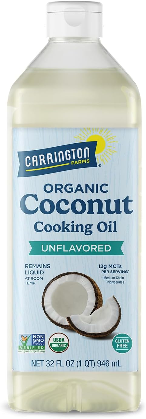 Carrington Farms Organic Liquid Coconut Cooking Oil, 32 Fl Oz –Unflavored, Unscented, High Smoke Point, MCT-Rich, No Trans Fat – For Cooking, Sautéing, Frying & Baking – Gluten Free, Non-GMO, Hexane Free, BPA Free Bottle
