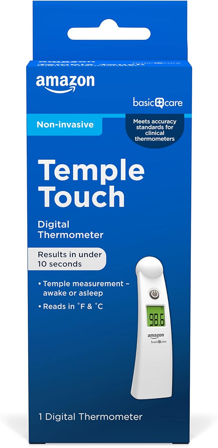 Amazon Basic Care Temple Touch Digital Thermometer, Instant Read, Easy to Use, Fast Accurate, White