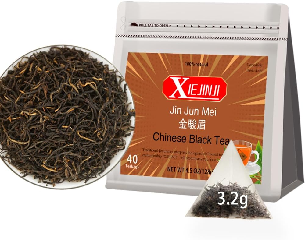 XIEJINJI Golden Monkey Tea - Chinese Black Tea - Jinjunmei - Premium Bud Tea - Eco-Conscious Tea Bags - 3.2g x 40 Count - Repeated Brewing - High Mountain Nature Fruit