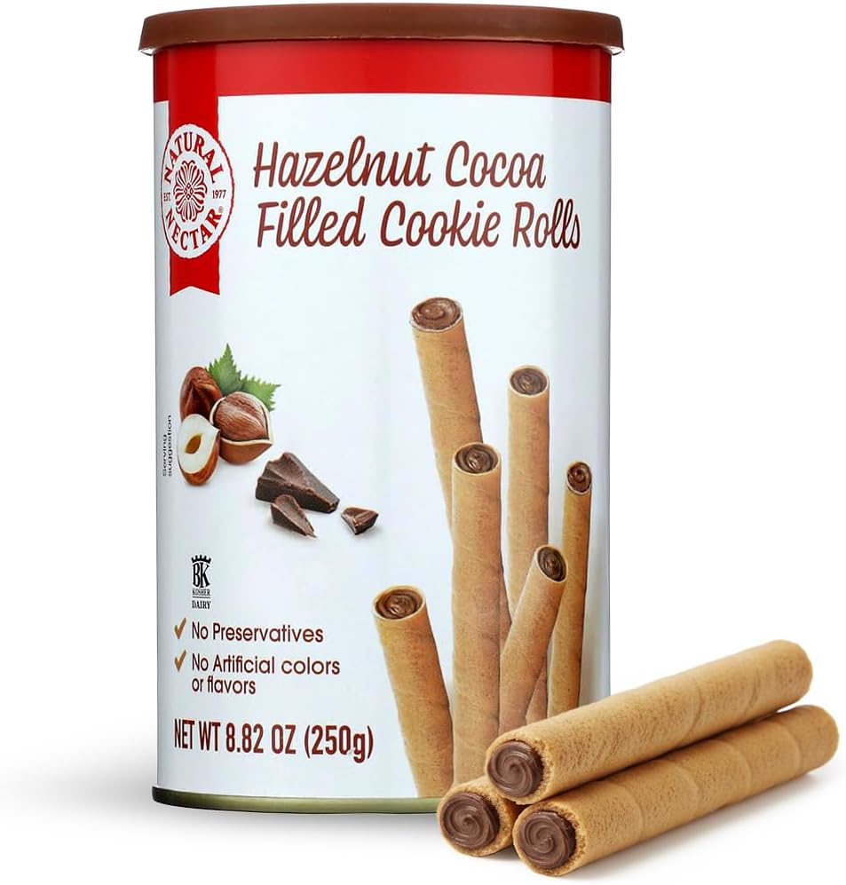 Natural Nectar Chocolate Hazelnut Filled Cookie Rolls 8.82 oz – Delicate Wafer Rolls Filled with Chocolate Hazelnut Crème; Crisp Snack for Parties & Desserts