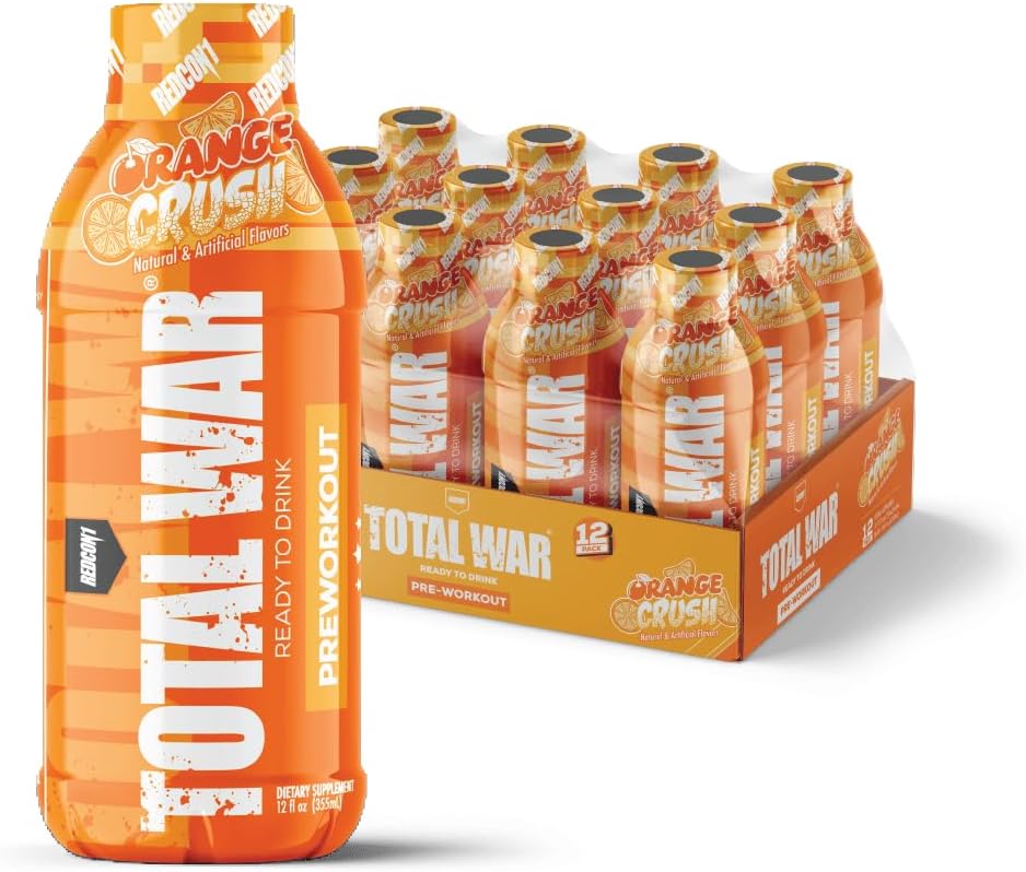 REDCON1 Total War Ready to Drink Pre Workout - Endurance Boosting, Keto Friendly RTD Formula - Amino Acid + Citrulline Malate Pre Workout Drink for Men & Women (Orange Crush, 12 Servings)