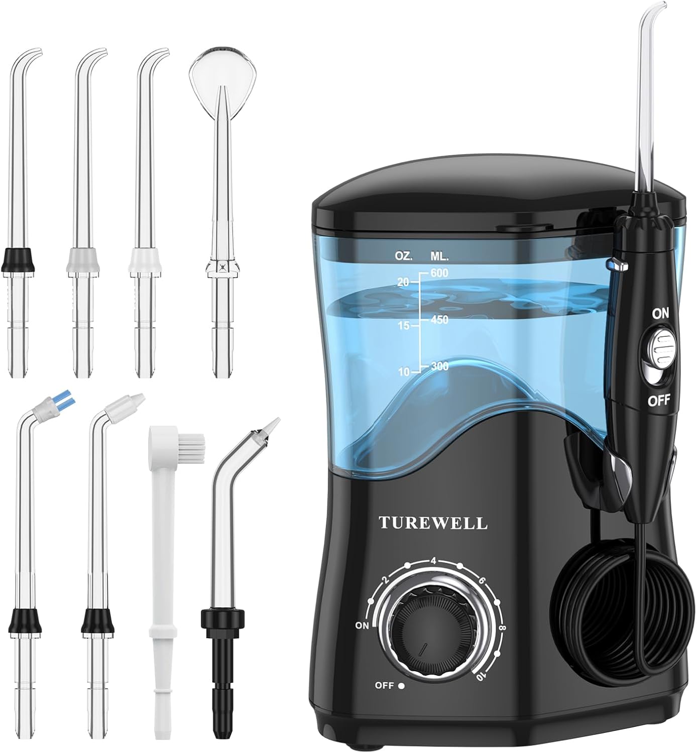 TUREWELL Water Dental Flosser for Teeth/Braces, Water Teeth Cleaner 8 Jet Tips and 10 Pressure Levels, 600ML Large Water Tank Oral Irrigator for Family(Black)