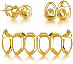 Gold Grillz Set Open Face Hip Hop Teeth Jewelry Gold Plated Dental Caps for Top Bottom Removable Grills for Men Women