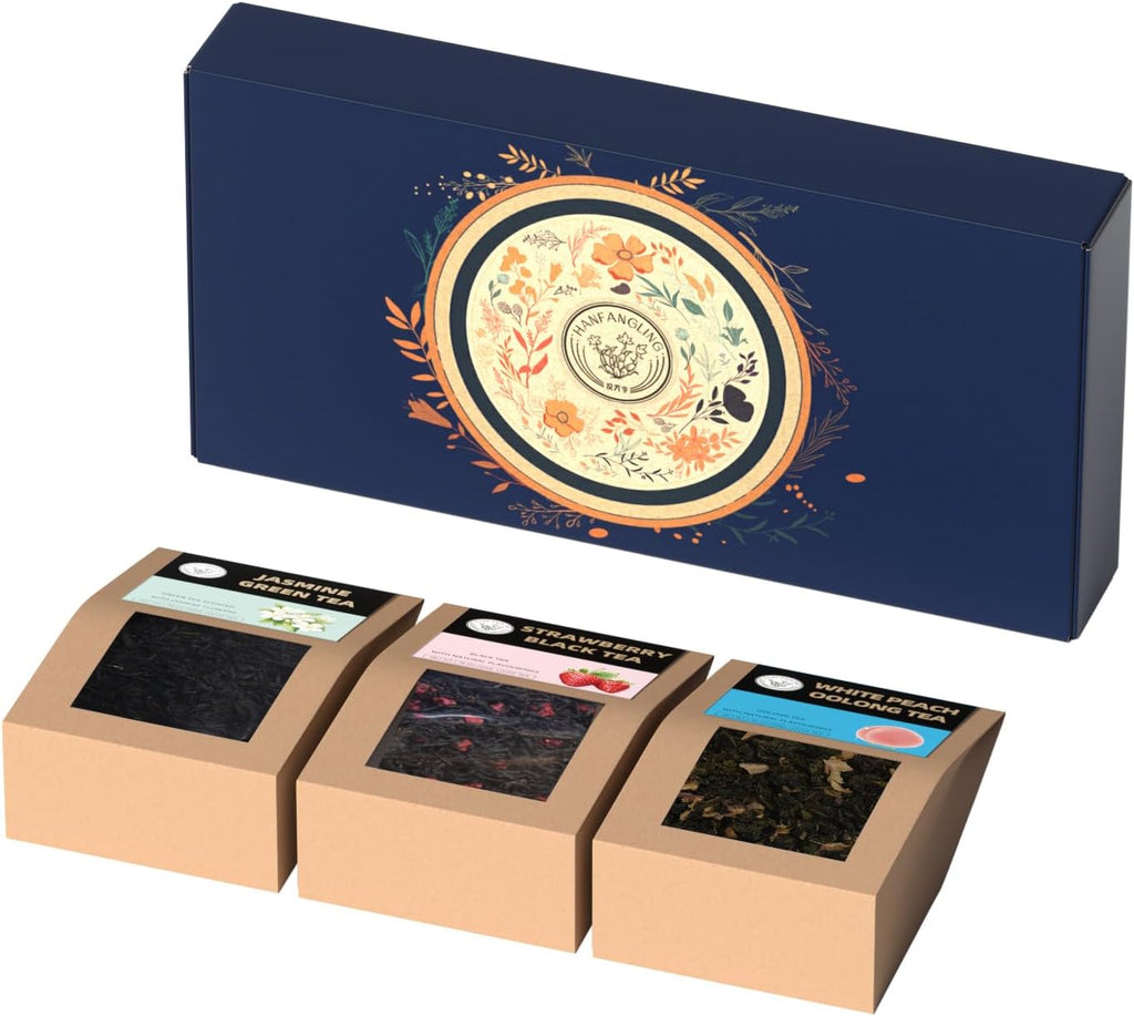 HANFANGLING Tea Gift Box, White Peach Oolong Tea, Jasmine Green Tea, Strawberry Black Tea, Three Fruit Tea Combinations, Beautifully Gift Boxed, Perfect as a Gift for Tea Love