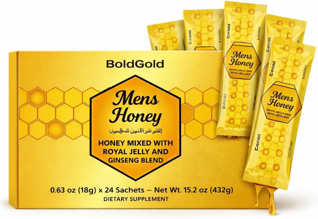 BoldGold Mens Honey, Royal Jelly and Ginseng Blend, Extra Strength, No Added Sugar, 24 Sachets, 18g Each