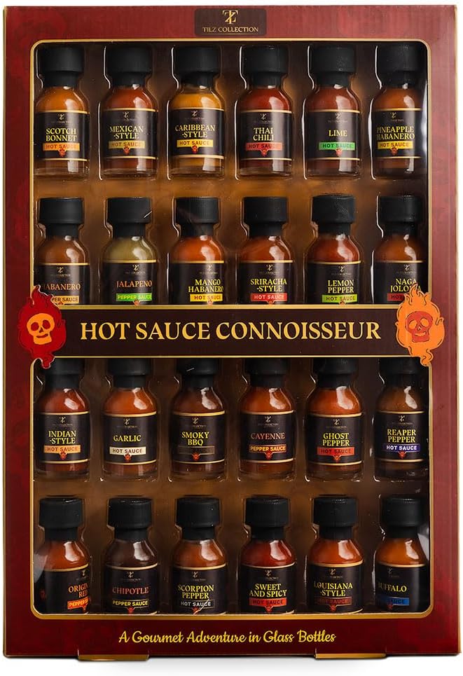 Tilz, Hot Sauce Gift Sets |24 Hot Sauce Bottles, Sampler, Chilli Sauce, Food Gifts For Men |Sriracha, Jalapenos, Garlic, Cayenne Pepper, ⁠Scotch Bonne, ⁠BBQ, Chipotle | Gifts for Men, Women