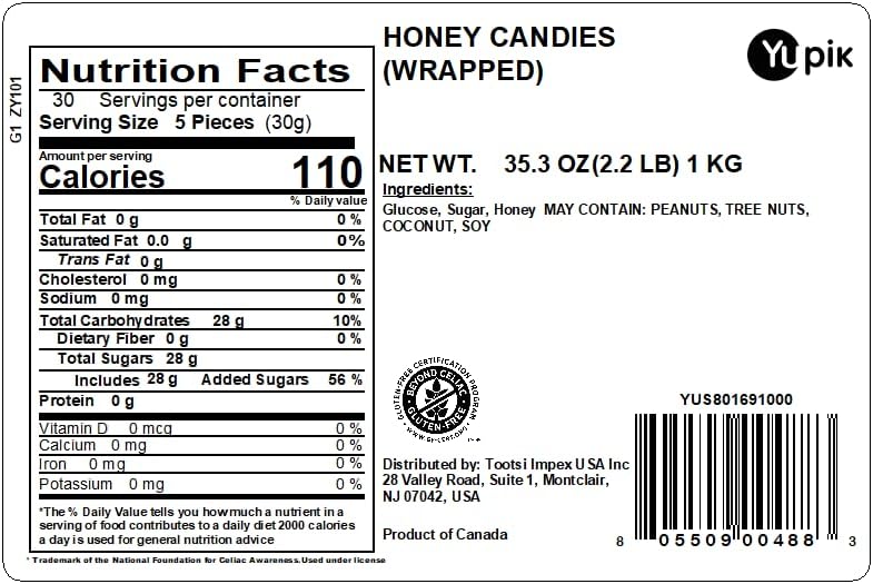 Yupik Honey Barley Sugar Candies, 2.2 lb (35.2 oz), Individually Wrapped Hard Candies, Gluten-Free, Low-Calorie, Fat-Free, Sweet Honey Flavour, Ideal for Snacking & Gifting