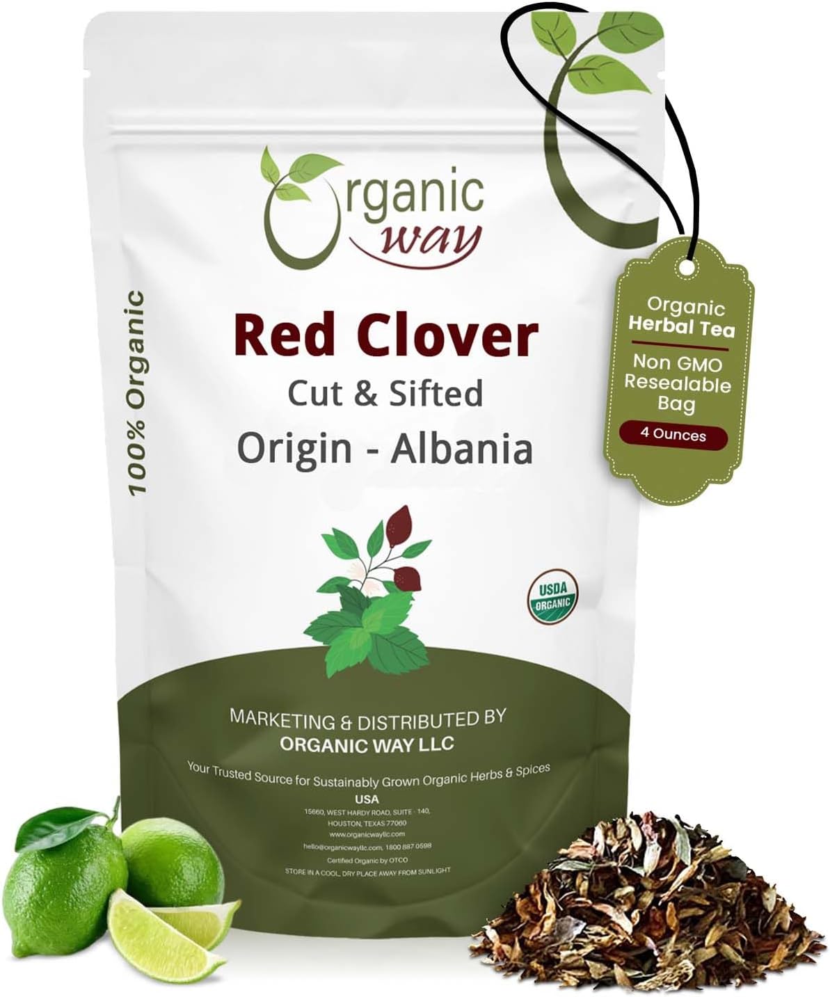 Organic Way Red Clover Flower Cut & Sifted (Trifolium Pratense) Herbal Tea | European Wild-Harvest | Organic & Kosher Certified | USDA Certified | Origin - Albania (1/4LBS / 4Oz)