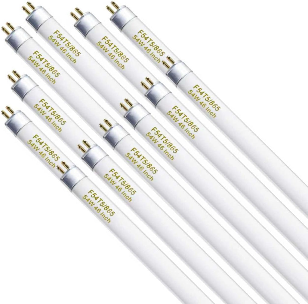Konideke F54T5/865/HO 54 Watt 46 Inch T5 Fluorescent Tube Light Bulb, T5 54W Grow Light, 6500K Daylight, 5000 Lumens, High Output, G5 Bi-Pin Base, 12 Pack
