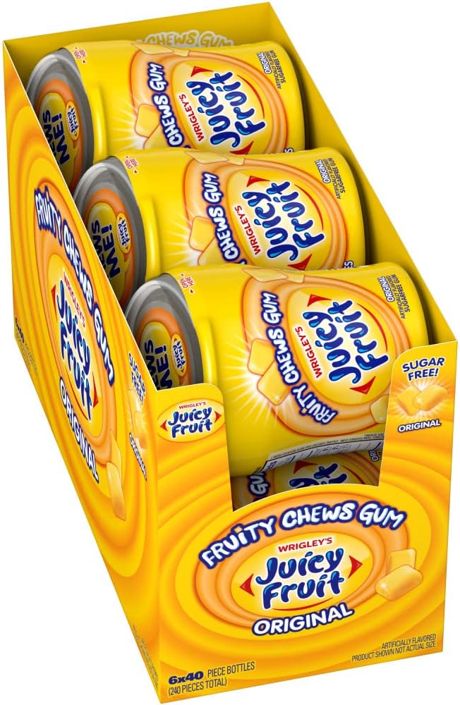 JUICY FRUIT Gum Sugar-Free Chewing Gum, JUICY FRUIT Chews, 40 Pieces Per Bottle, (Pack of 6)