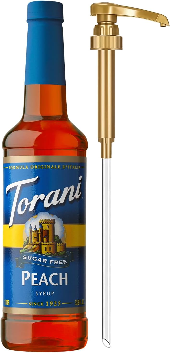Torani Sugar Free Peach Syrup for Drinks, Zero-Calorie Flavoring for Iced Tea, Lemonade, and Sodas, Pump Included, 25.4 Oz