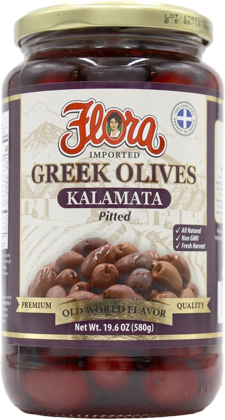 Flora Foods Kalamata Olives Pitted | 19.6 oz (580ml) | Imported | All Natural | Non GMO | Fresh Harvest