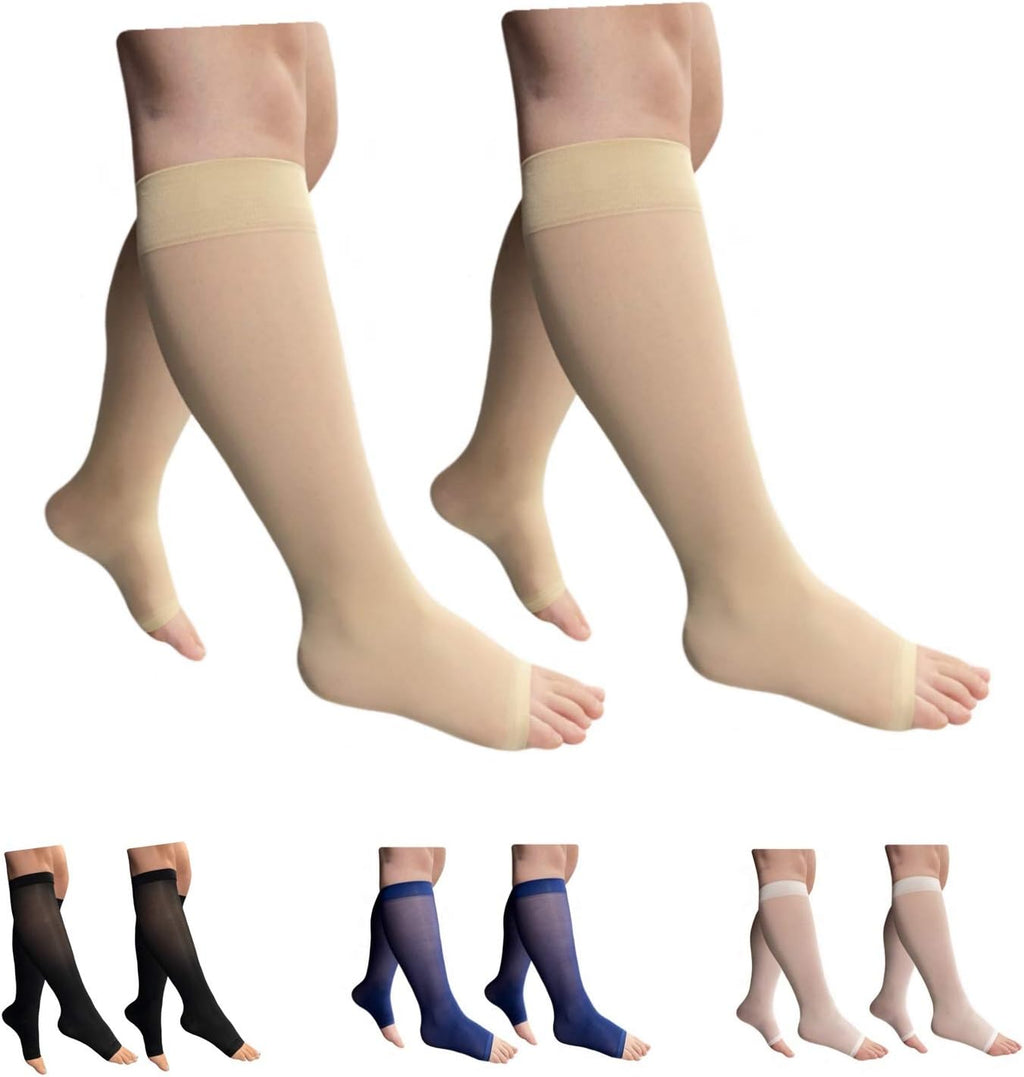 HealthyNees 2 Pair 8-15 mmHg Sheer Compression Leg Calf Shin Thin Open Toe Socks
