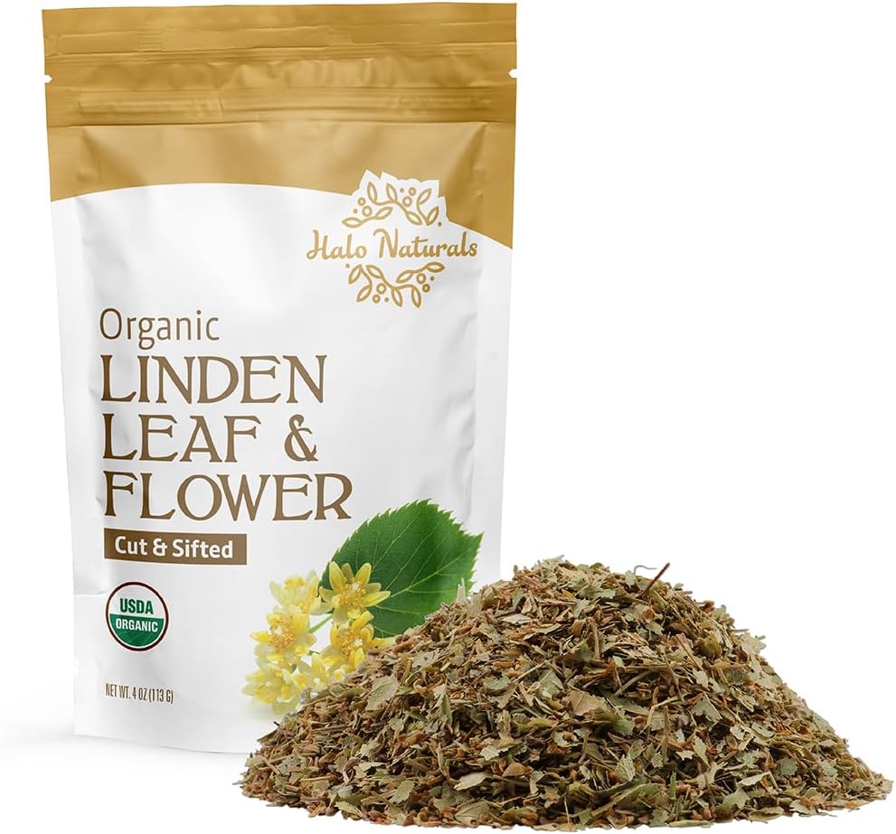 Halo Naturals Organic Linden Leaf & Flower Cut & Sifted, 4 Ounces (Tilia europaea) USDA Certified | Resealable Pouch| Packaged in The USA
